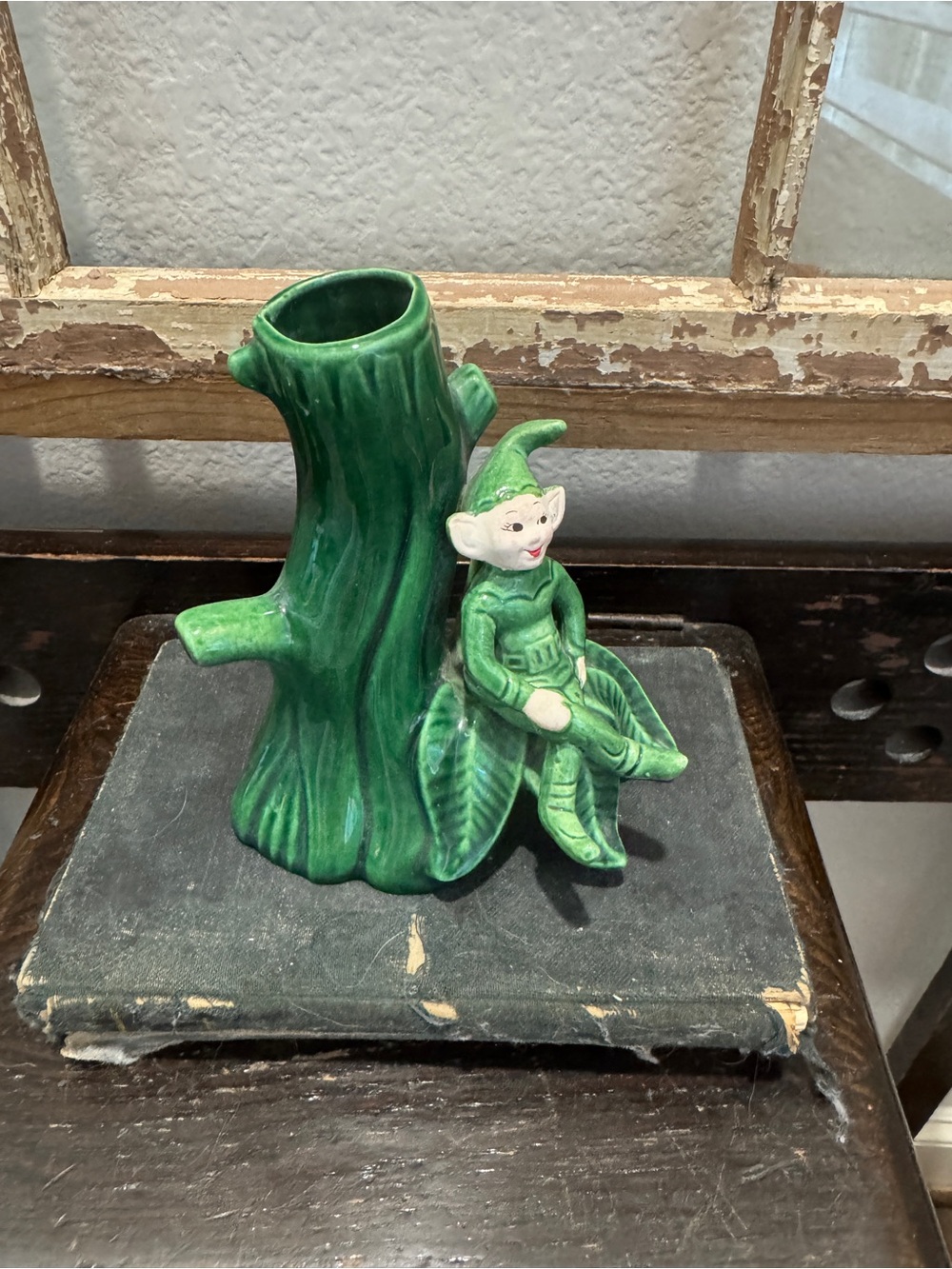 Vintage Green Elf on Tree Stump Ceramic Vase - Home Art
